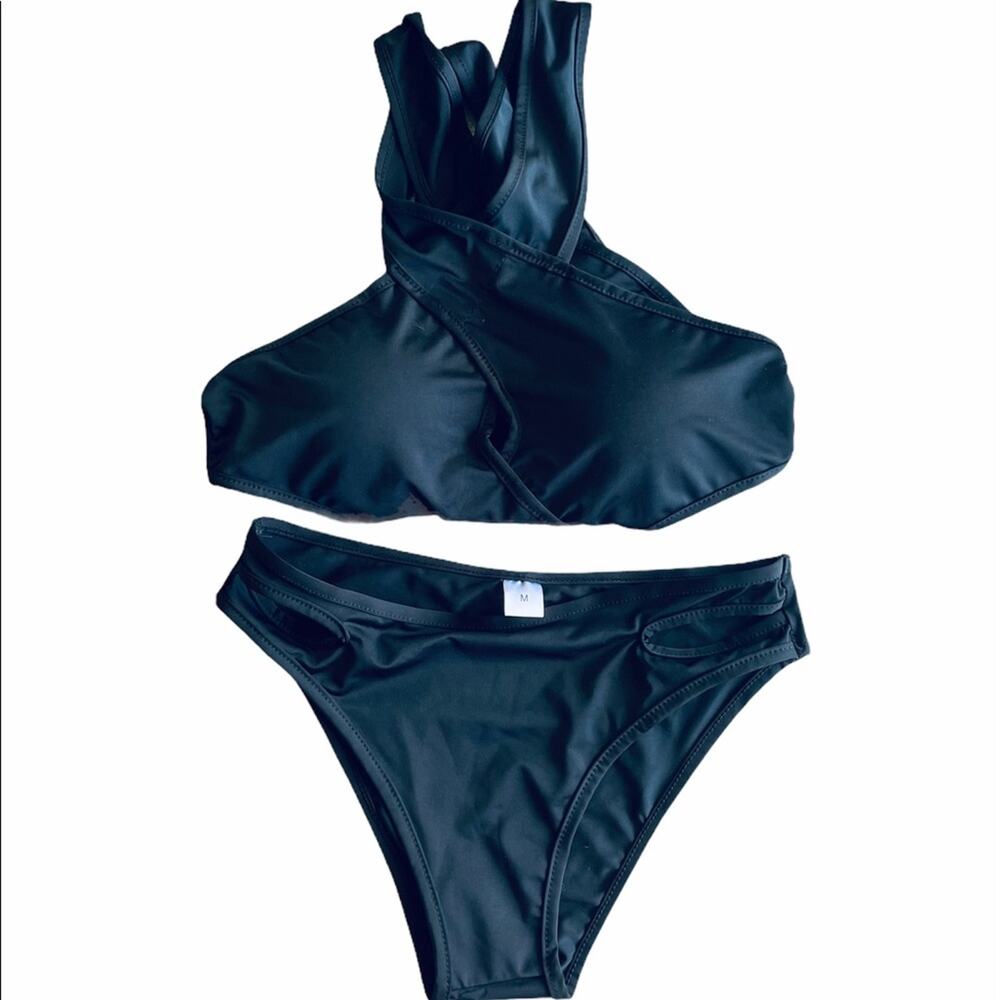 No Brand black two piece cross top swim suit